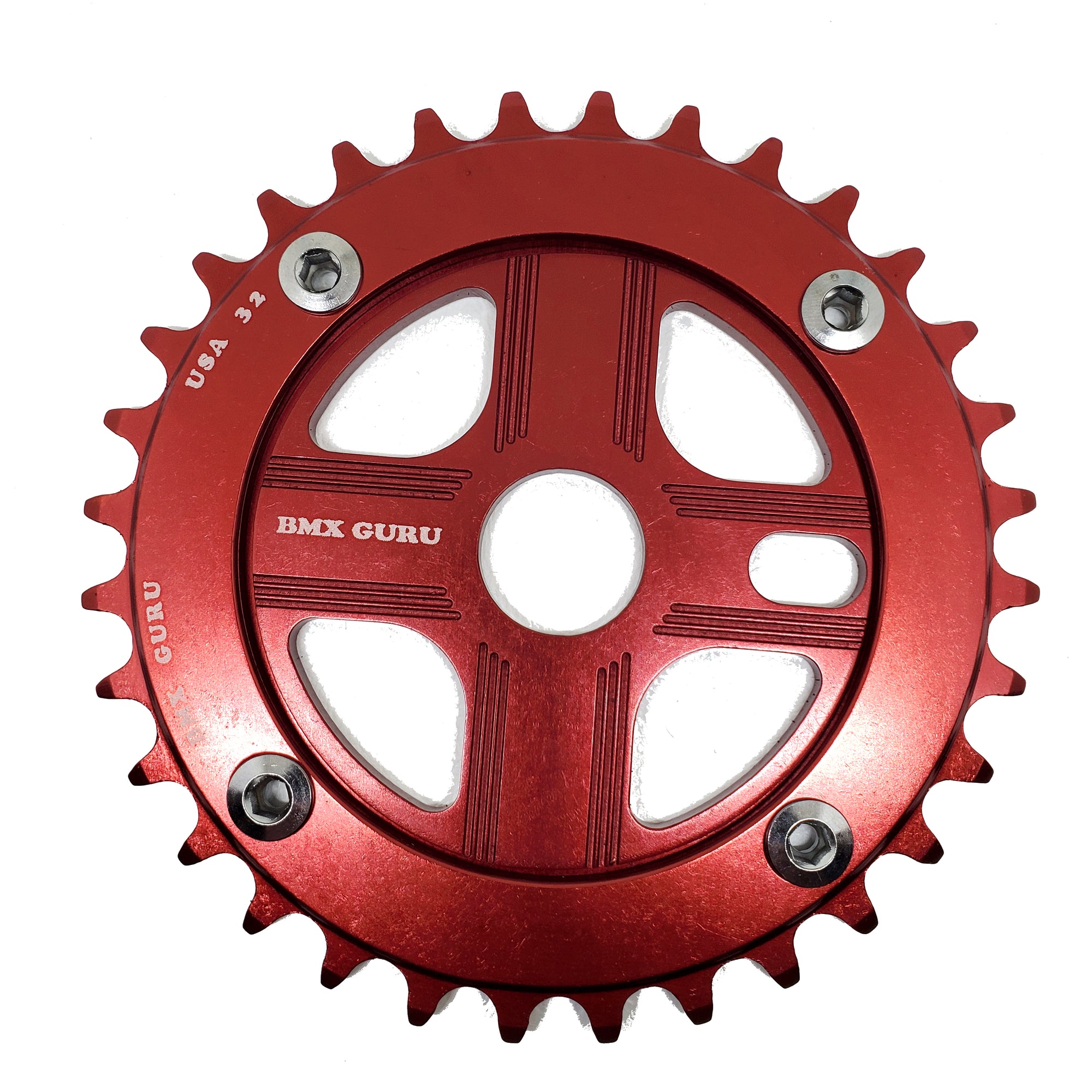 BMXGuru 32T Aluminum Spider & 4-bolt Chainring Combo - Red over Red - USA Made