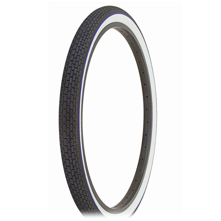 26x2.125 Duro Westwind Brick Tread Tire - Black w/ Whitewall & Blue Stripe