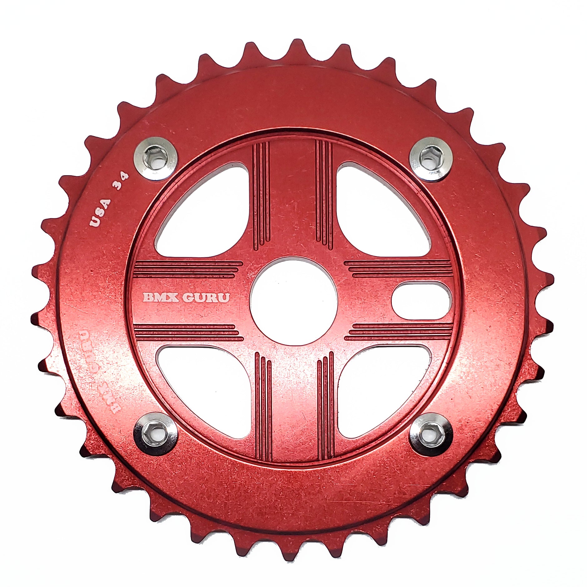 BMXGuru 34T Aluminum Spider & 4-bolt Chainring Combo - Red over Red - USA Made