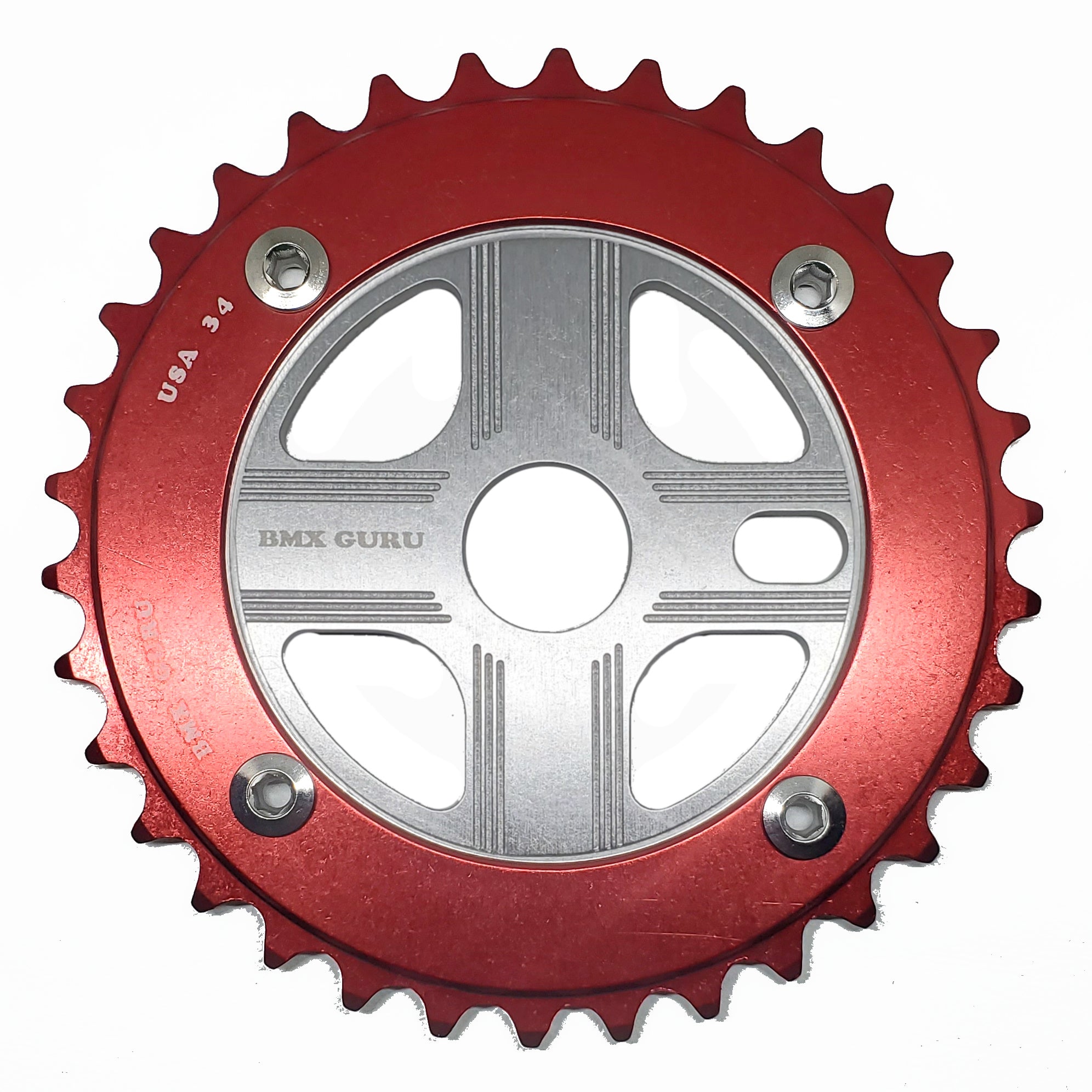 BMXGuru 34T Aluminum Spider & 4-bolt Chainring Combo - Red over Silver - USA Made