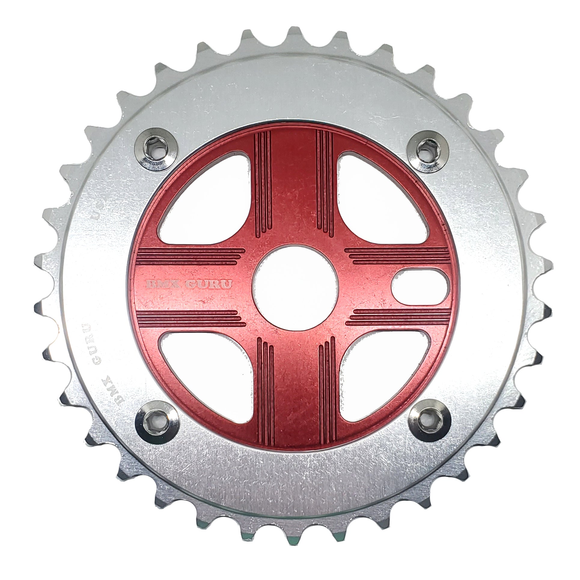 BMXGuru 34T Aluminum Spider & 4-bolt Chainring Combo - Silver over Red - USA Made