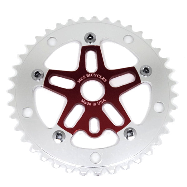 MCS BMX 39T Aluminum Spider & 5-bolt Chainring Combo - Silver over Red - USA Made