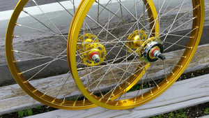 20" 7X style Sealed Road Flange BMX Wheels w/ 16t - Freewheel - Pair - Gold Anodized