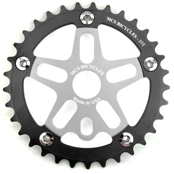 MCS BMX 33T Aluminum Spider & 5-bolt Chainring combo - Black over Silver - USA Made