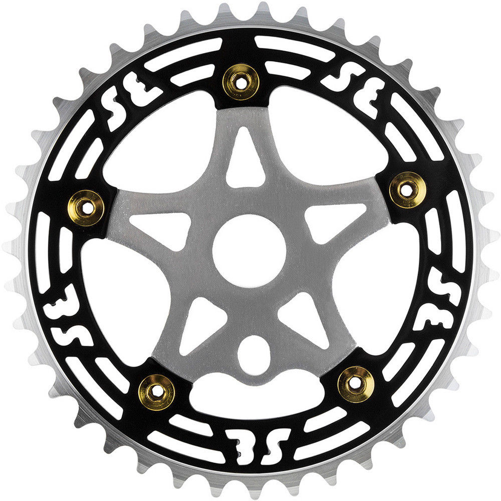 SE Racing BMX 39T Aluminum Spider & 5-bolt Chainring Combo - Black over Silver w/ Gold bolts