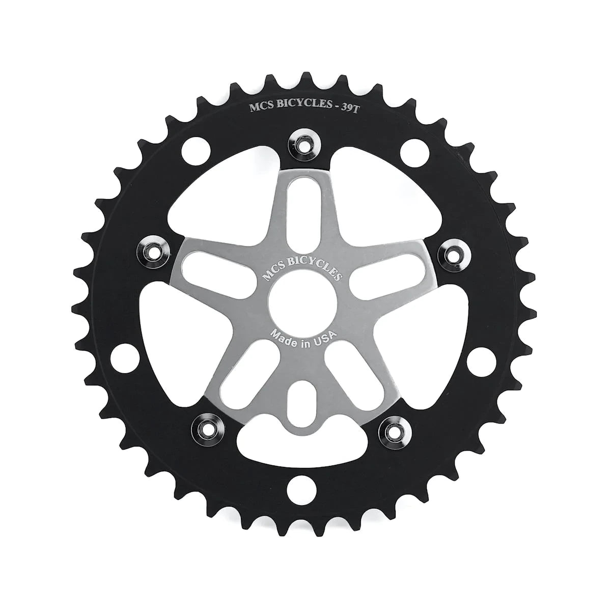 MCS BMX 39T Aluminum Spider & 5-bolt Chainring Combo - Black over Silver - USA Made