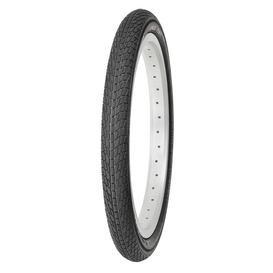 Bicycle tire with tread pattern on a white background