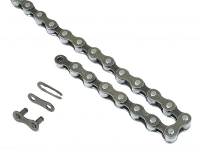 Bicycle chain with a link and a chain tool on a white background