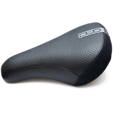 Black bicycle seat with a brand logo on a white background