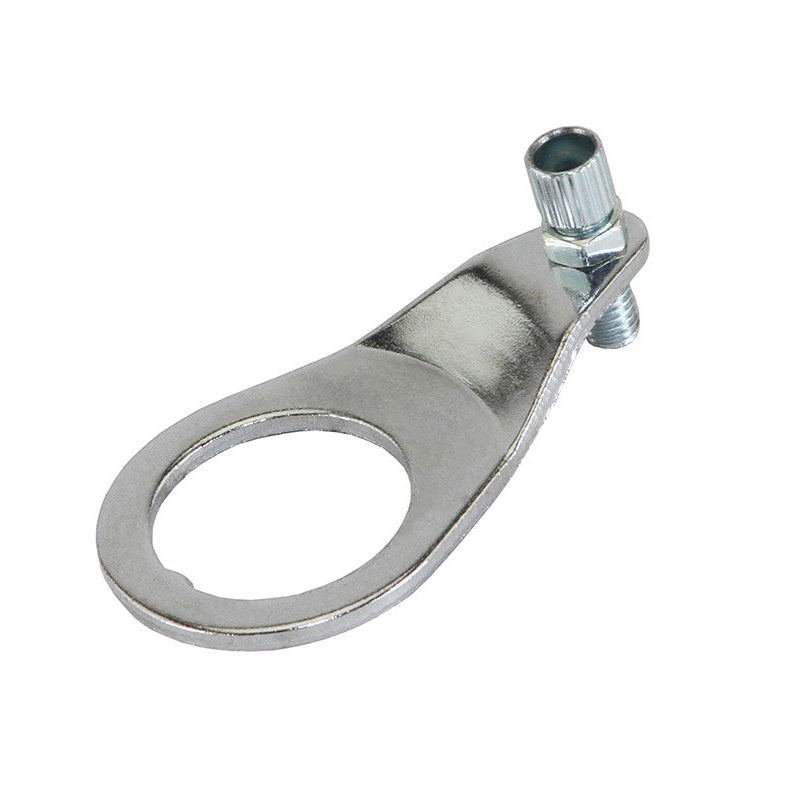 Metallic eye bolt with a nut on a white background