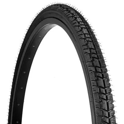 A black bicycle tire with a knobby tread pattern, shown mounted on a rim against a plain white background.