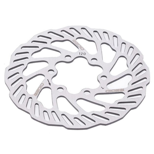 Metallic brake rotor on a white background