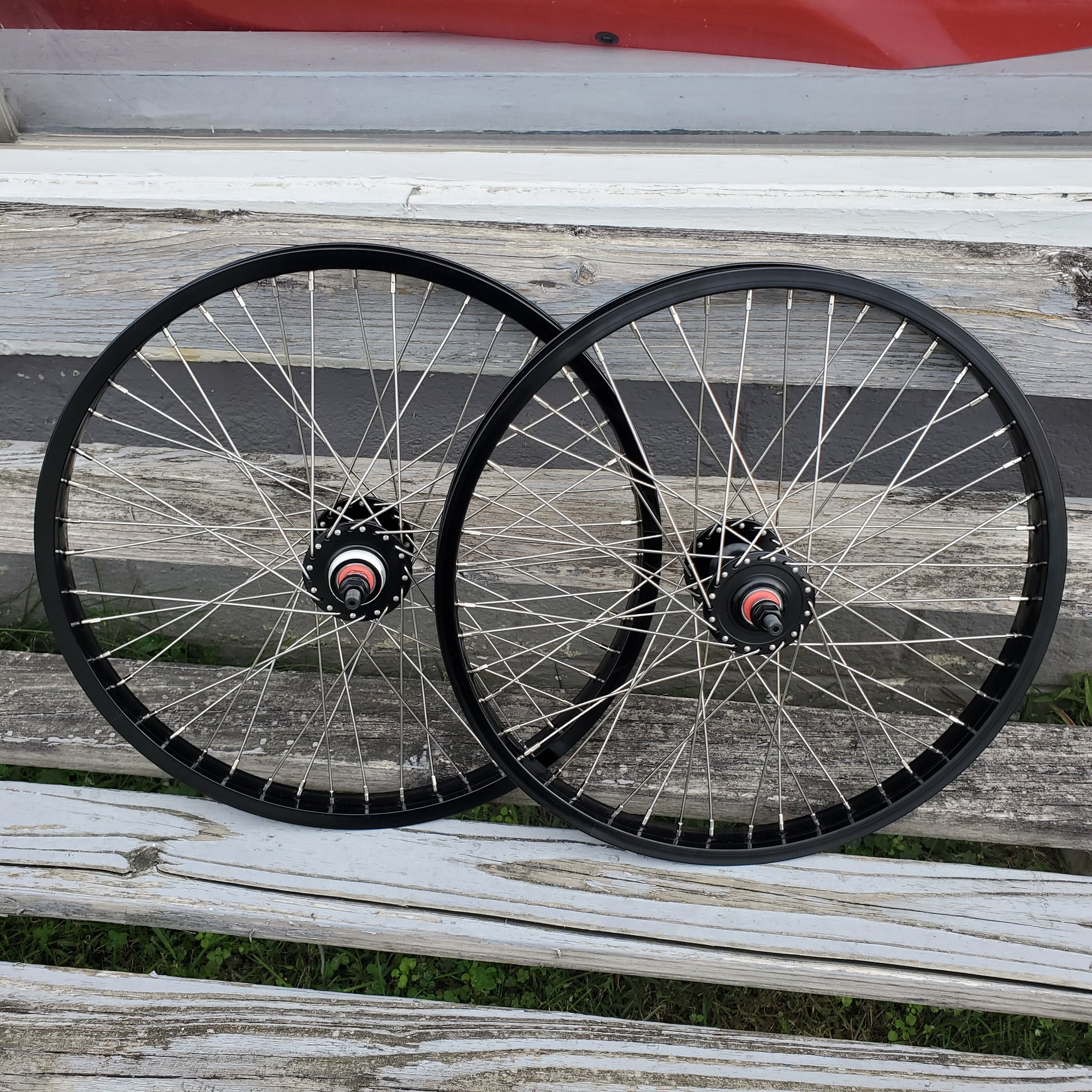 20" 48H 7X style Sealed High Flange BMX Wheels - Freewheel - Pair - Black w/ silver spokes