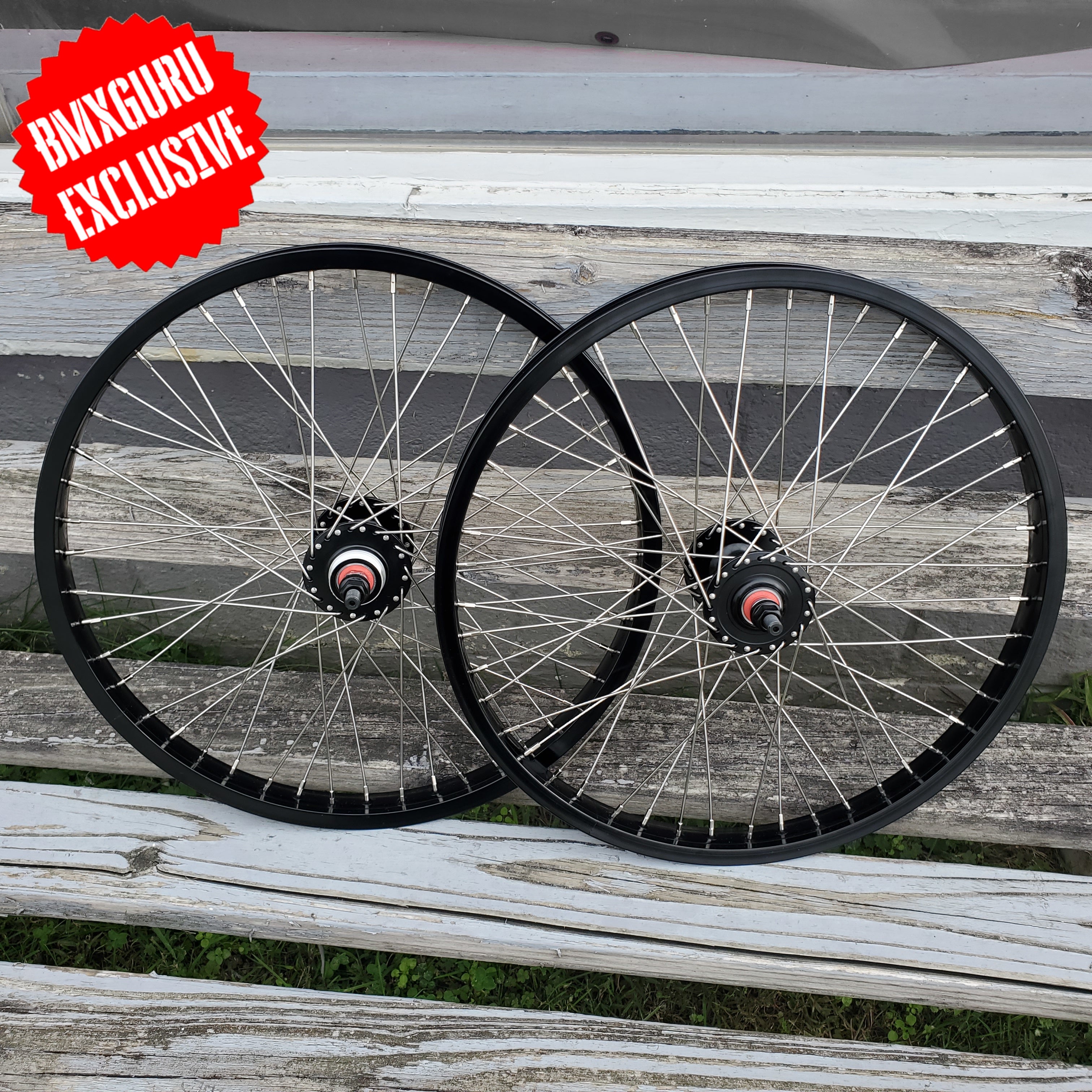 20" 48H 7X style Sealed High Flange BMX Wheelset - Freewheel - Pair - Black w/ silver spokes