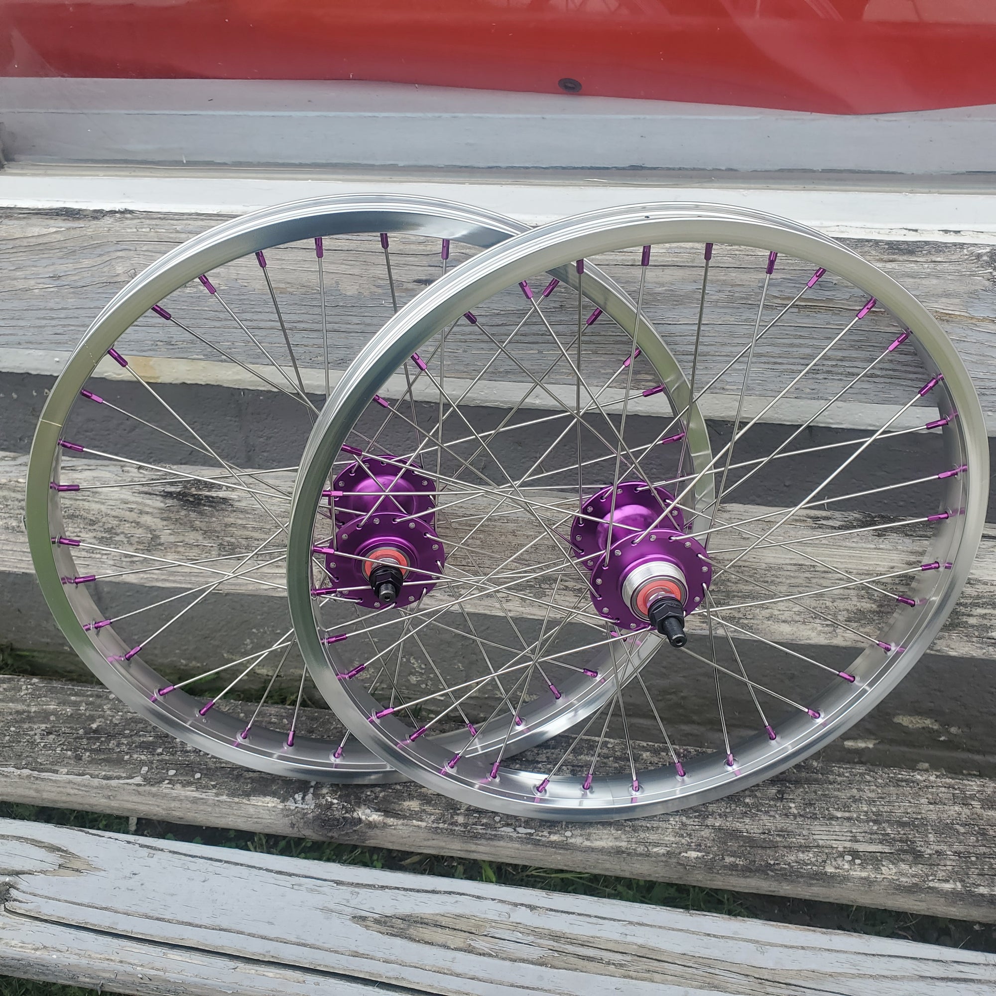 20" 7X style Sealed High Flange Flip-Flop BMX Wheelset - Pair - Ano Silver / Purple