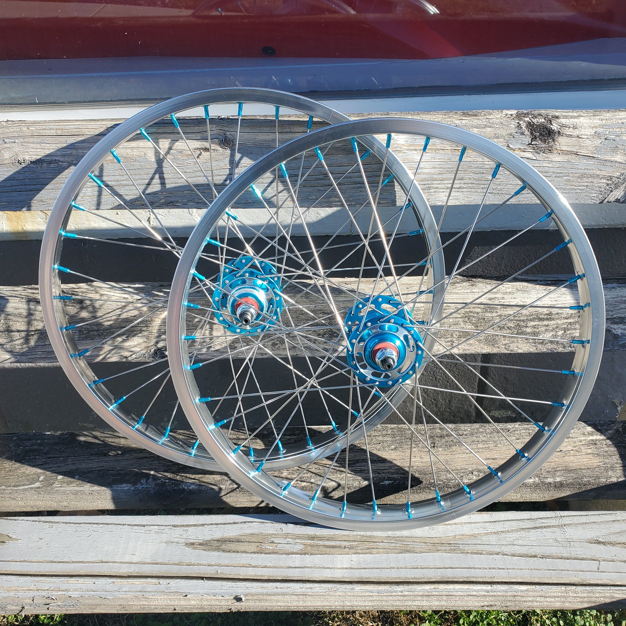 20" 7X style Sealed Machined Flange BMX Wheelset - Pair - Silver / Blue