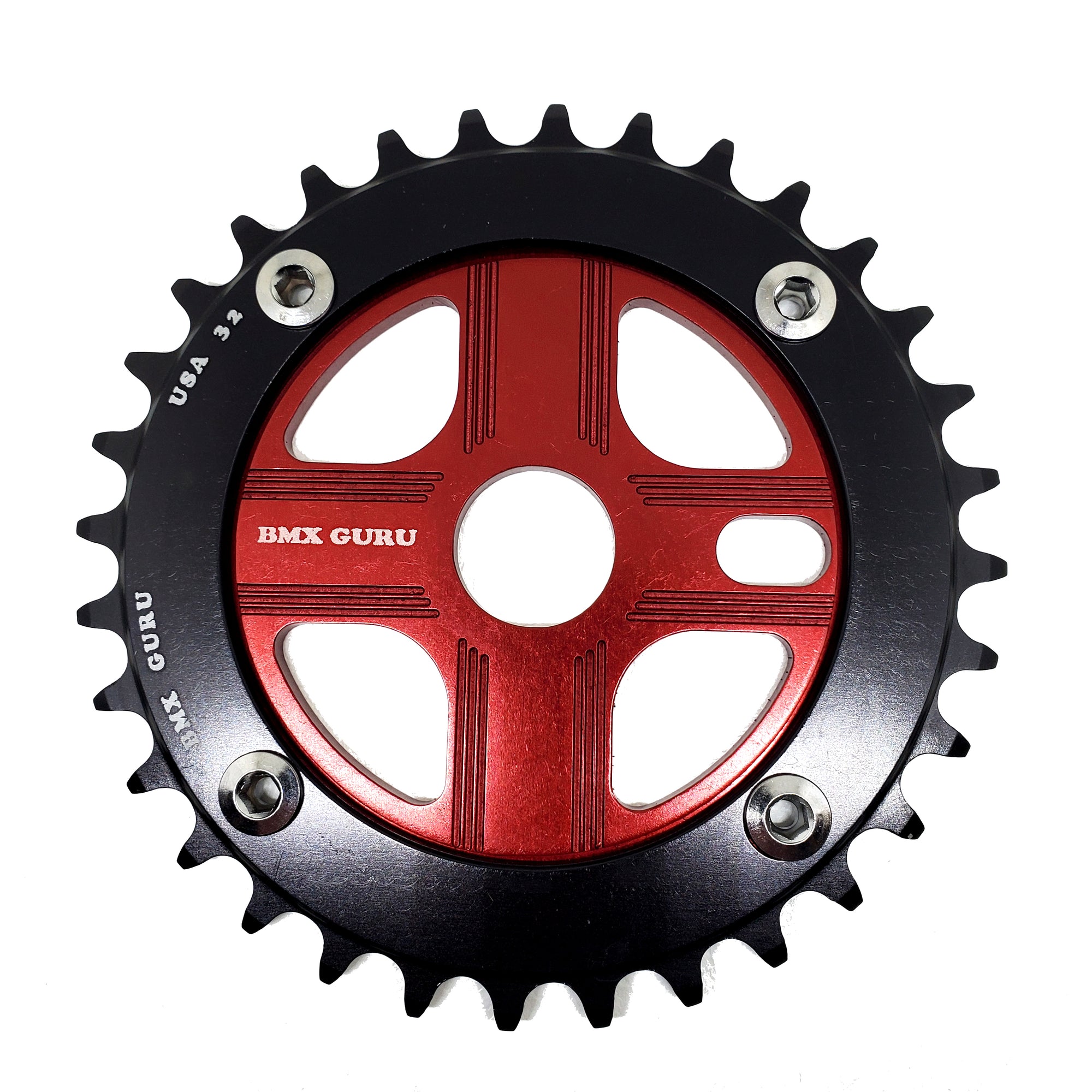 BMXGuru 32T Aluminum Spider & 4-bolt Chainring Combo - Black over Red - USA Made