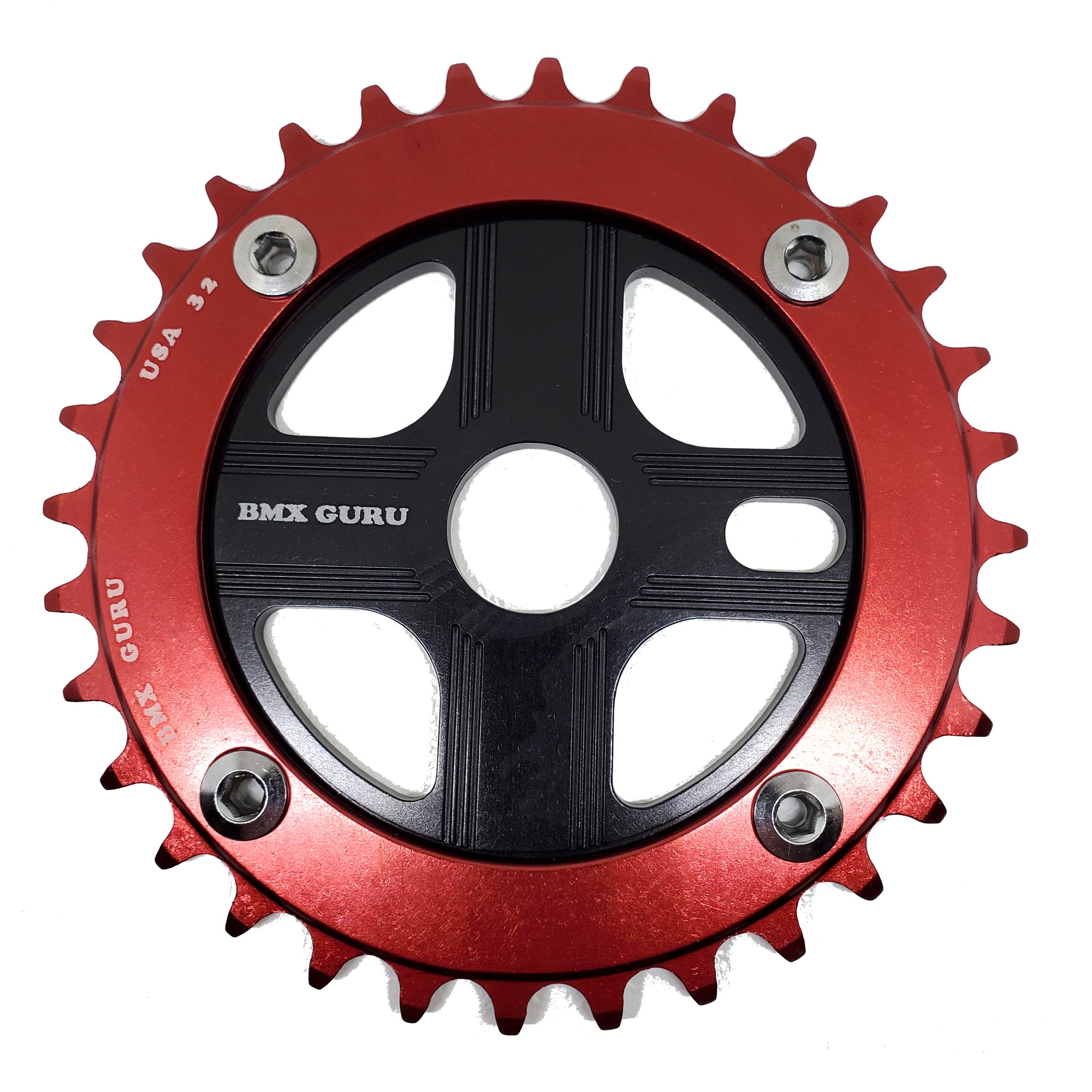 BMXGuru 32T Aluminum Spider & 4-bolt Chainring Combo - Red over Black - USA Made