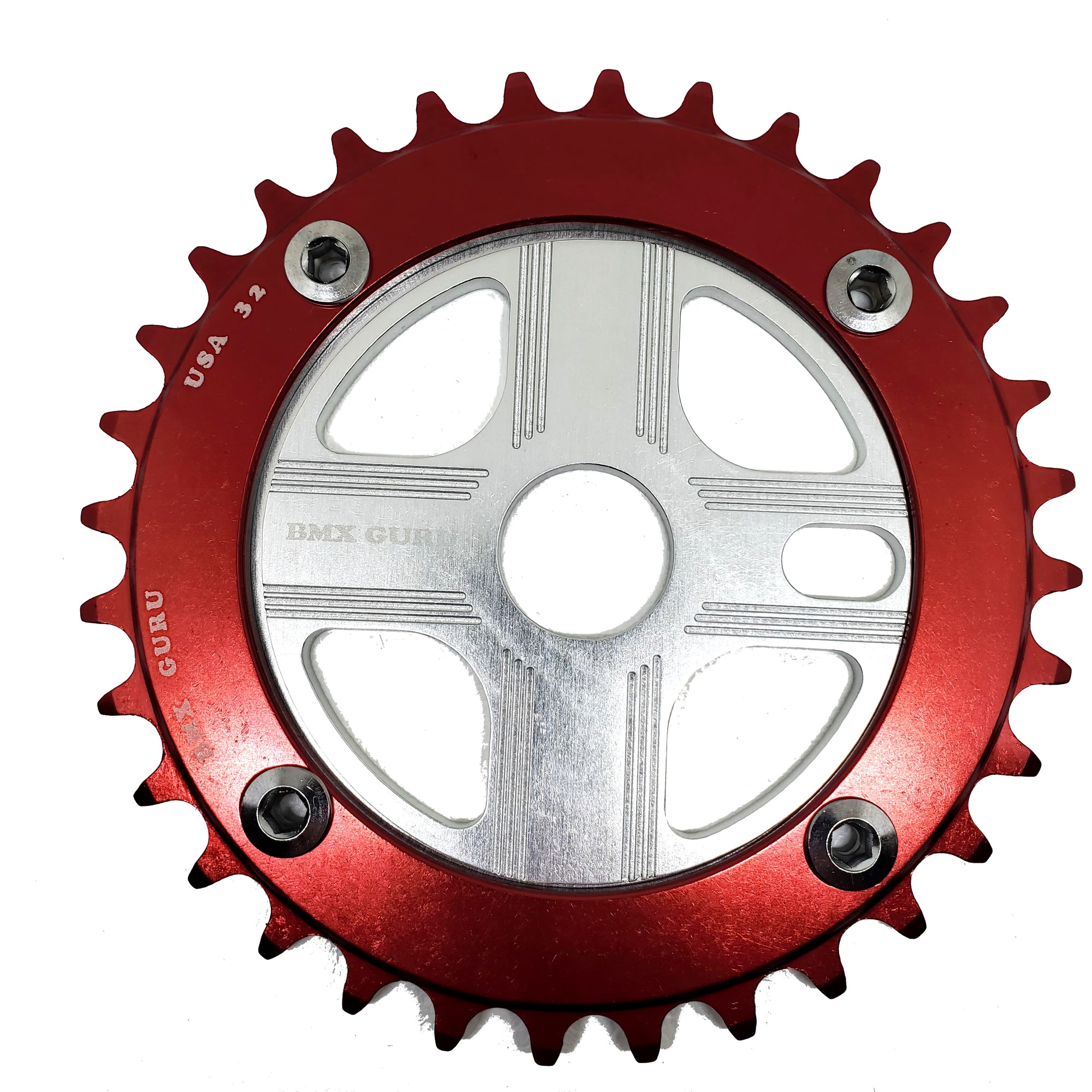 BMXGuru 32T Aluminum Spider & 4-bolt Chainring Combo - Red over Silver - USA Made