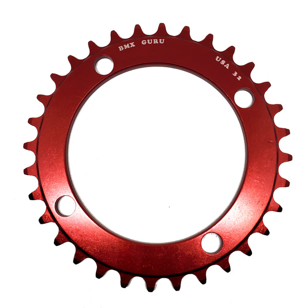 BMXGuru 32t BMX Chainring - Red - 104mm 4-bolt - USA Made BMXGuru 32t BMX Chainring - Red - 104mm 4-bolt - USA Made