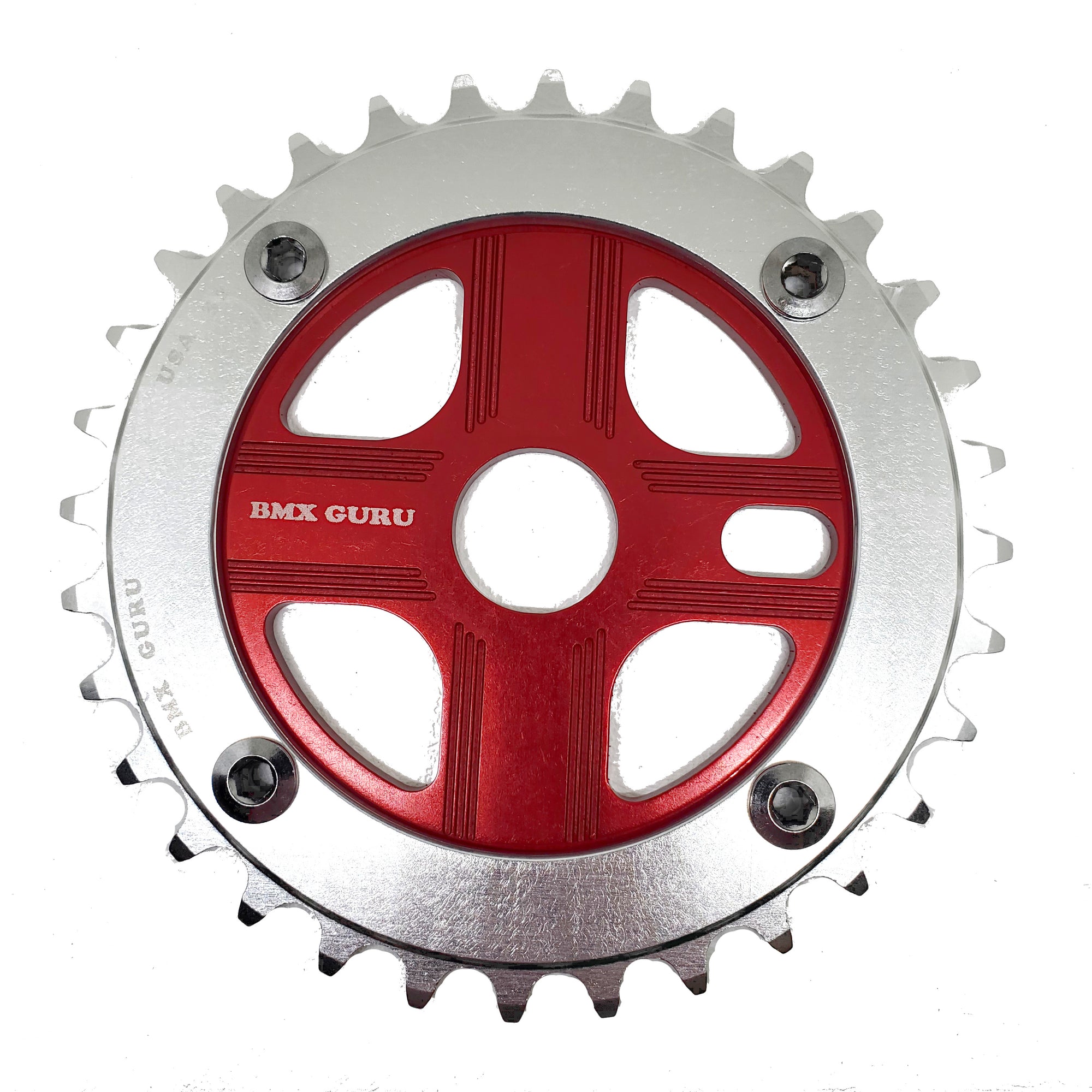 BMXGuru 32T Aluminum Spider & 4-bolt Chainring Combo - Silver over Red - USA Made