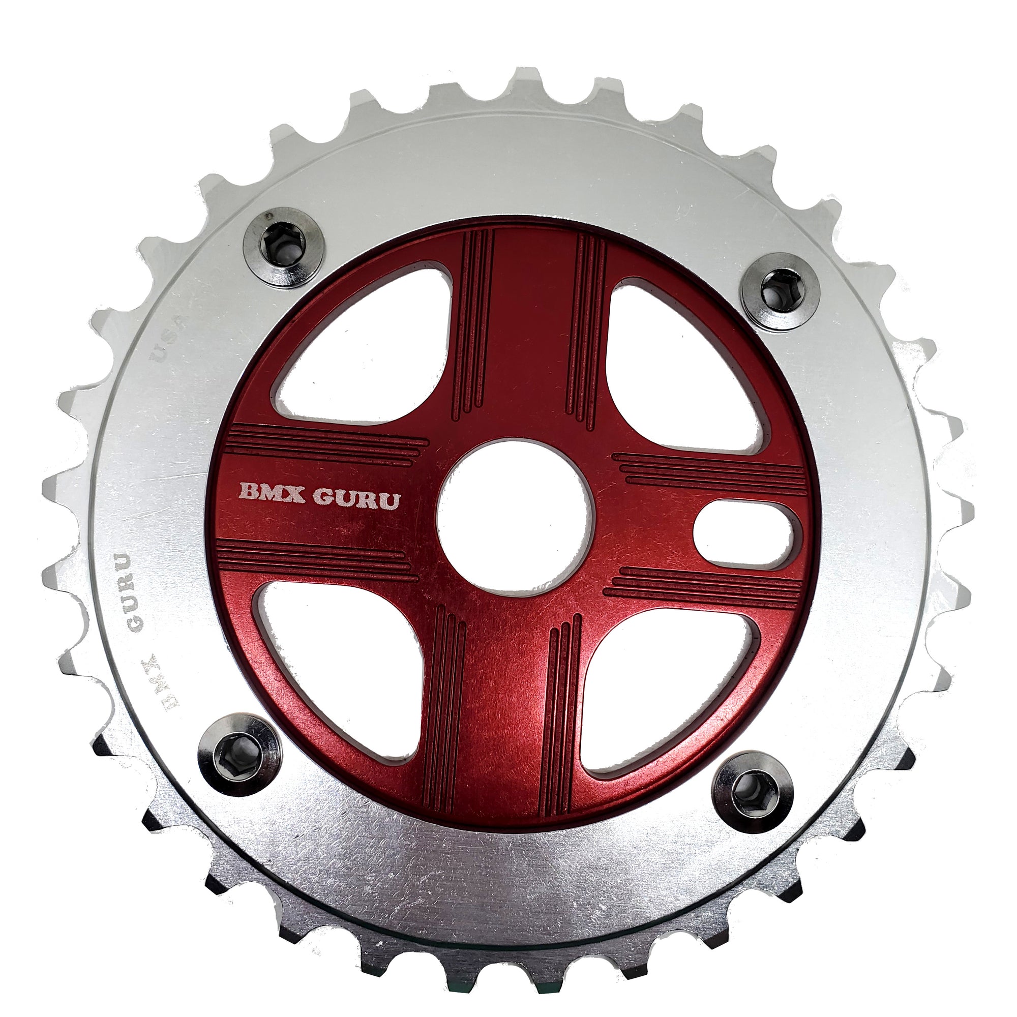 BMXGuru 33T Aluminum Spider & 4-bolt Chainring Combo - Silver over Red - USA Made