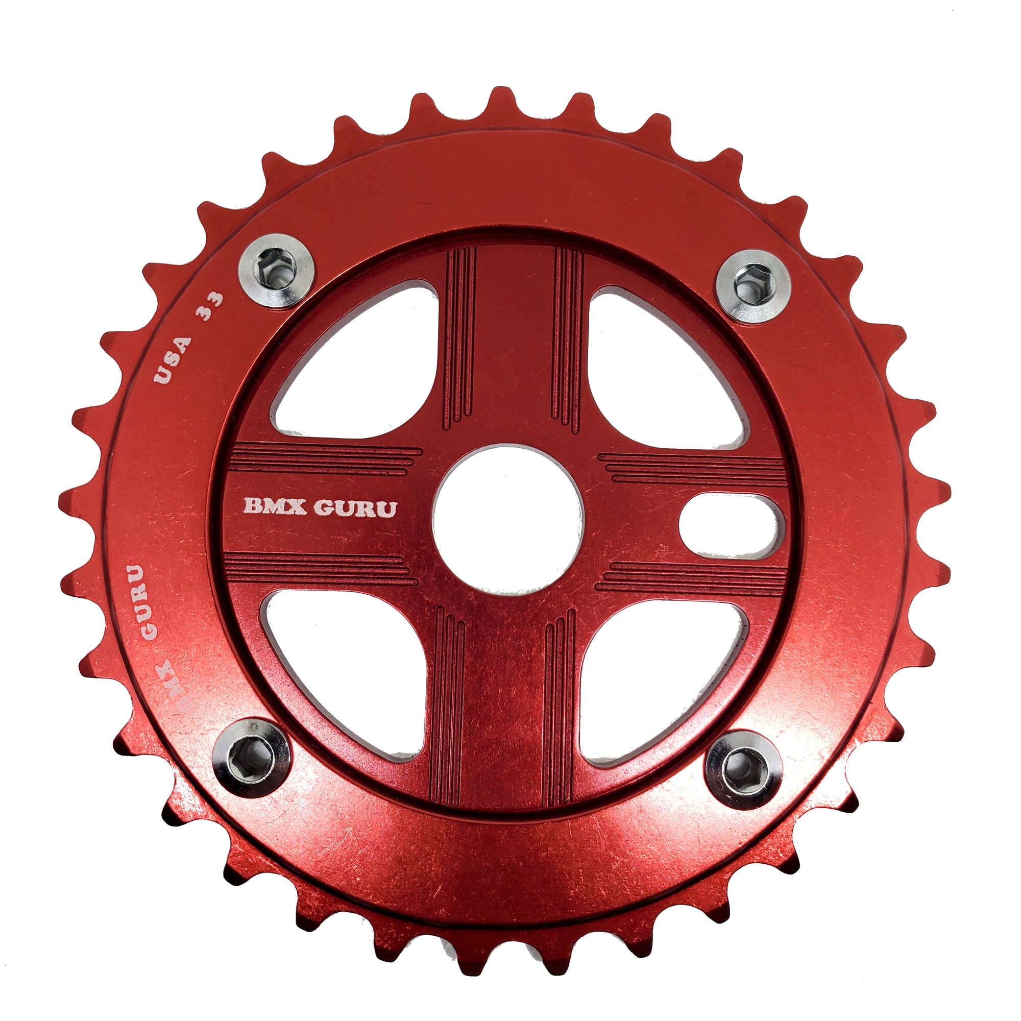 BMXGuru 33T Aluminum Spider & 4-bolt Chainring Combo - Red over Red - USA Made