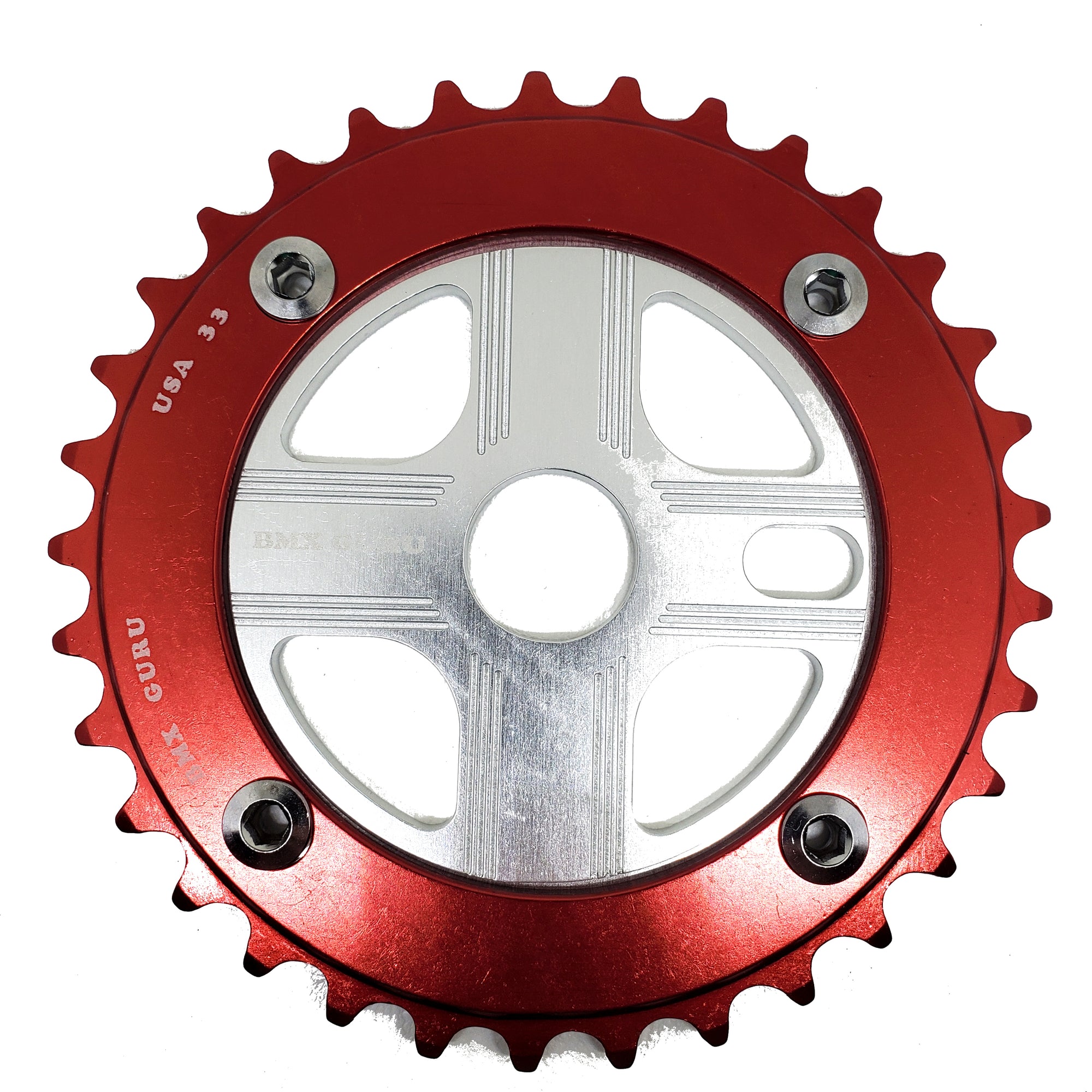 BMXGuru 33T Aluminum Spider & 4-bolt Chainring Combo - Red over Silver - USA Made