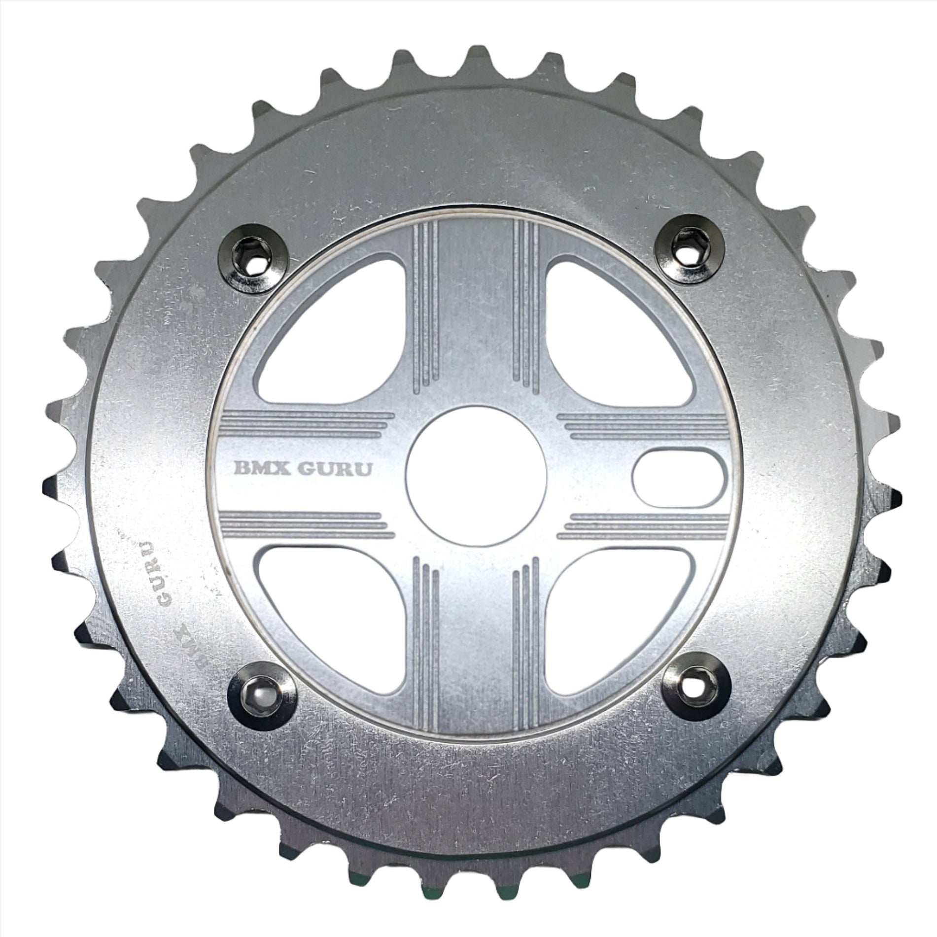 BMXGuru 35T Aluminum Spider & 4-bolt Chainring Combo - Silver over Silver - USA Made