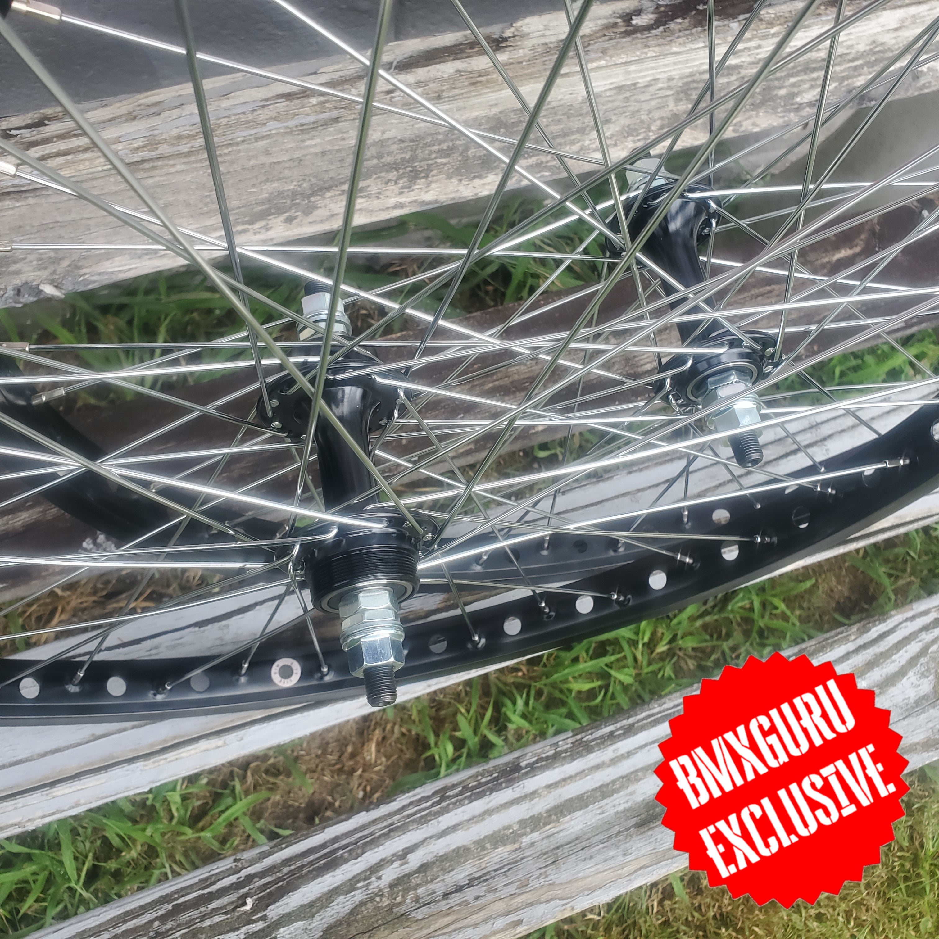 24" 7X Lite style Sealed Low Flange BMX Wheelset - Pair - Black w/ Chrome Spokes