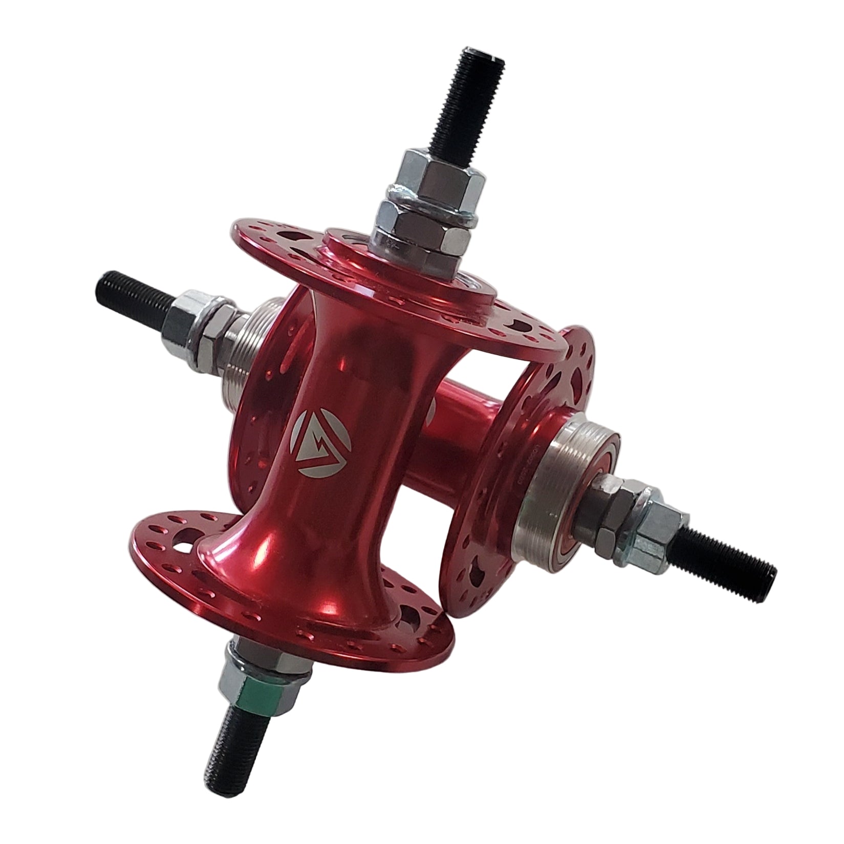 Red bicycle hub with bolts on a white background