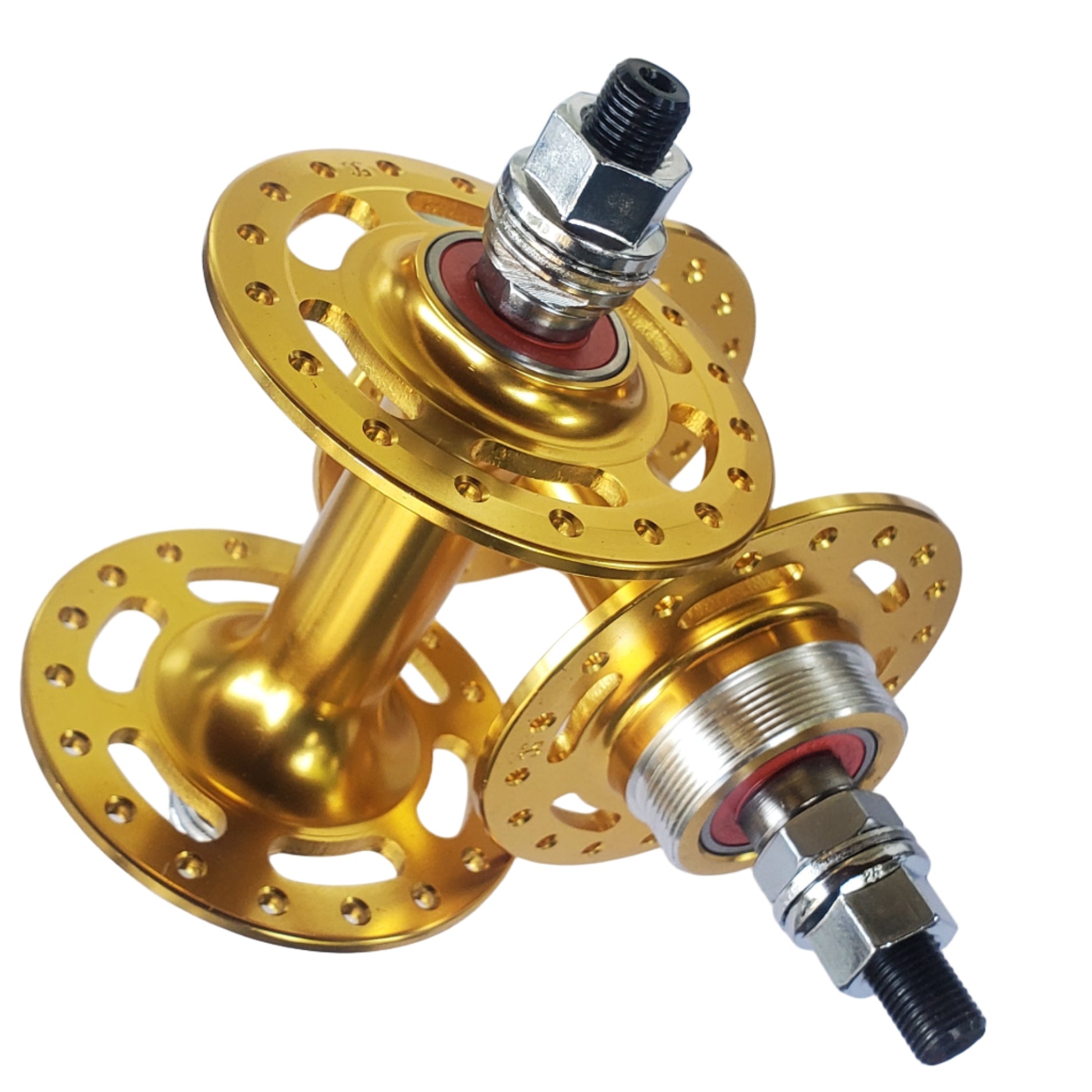 Gold bicycle hubs on a white background