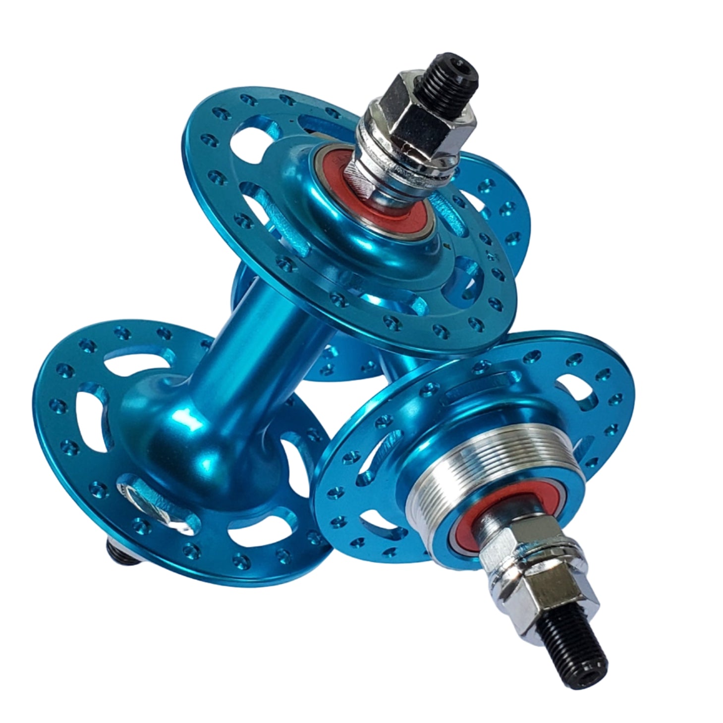 Two blue bicycle hubs on a white card against a wooden background