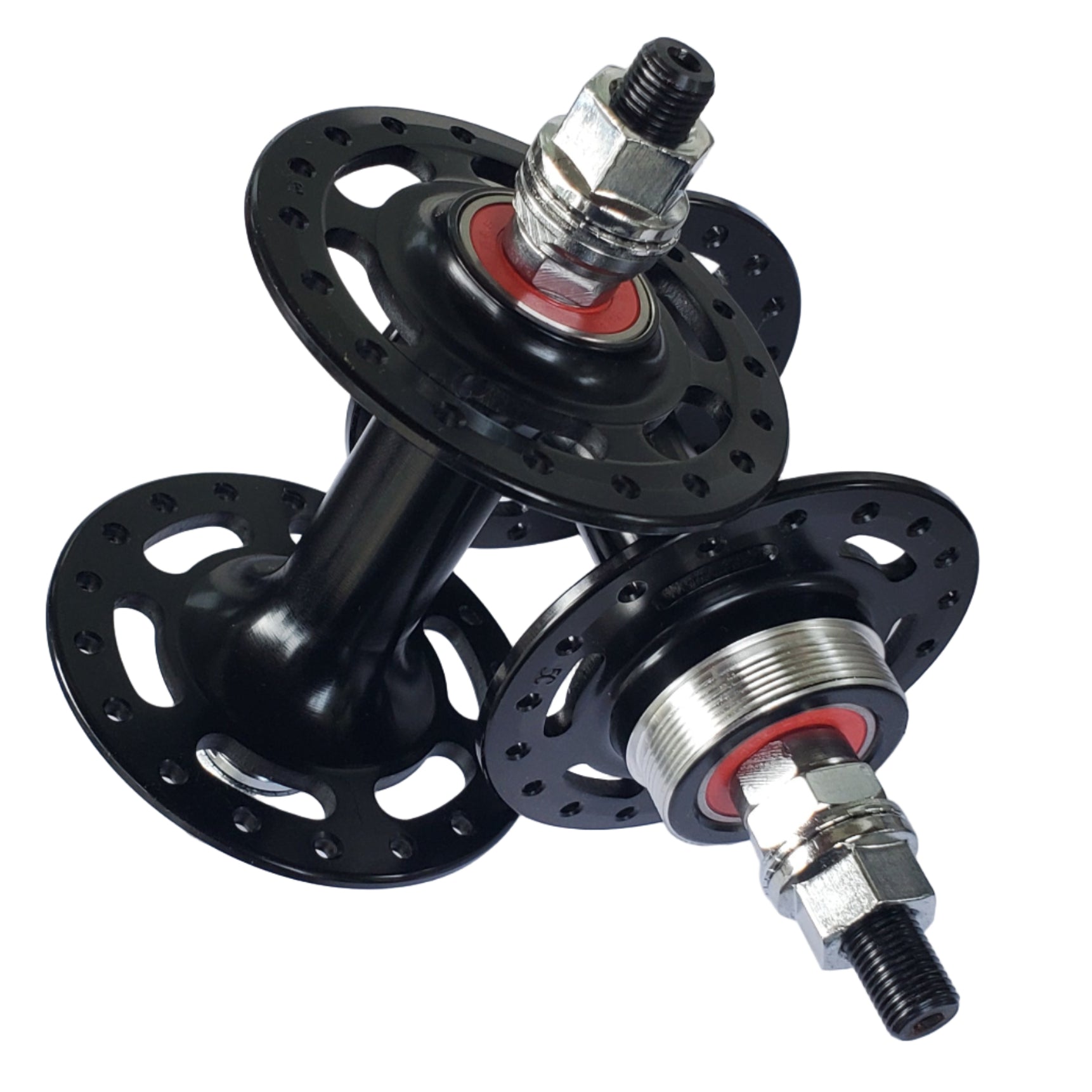 Bicycle hub with black and silver components on a white background