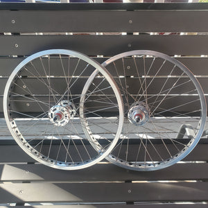 Two bicycle wheels against a metallic background