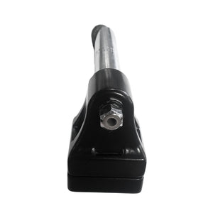 Black metal component with a silver cylindrical part on a white background