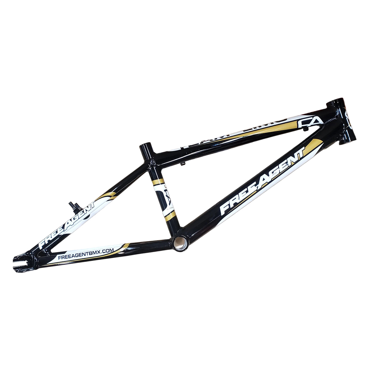 Bicycle frame with 'Free Agent' branding on a beige background