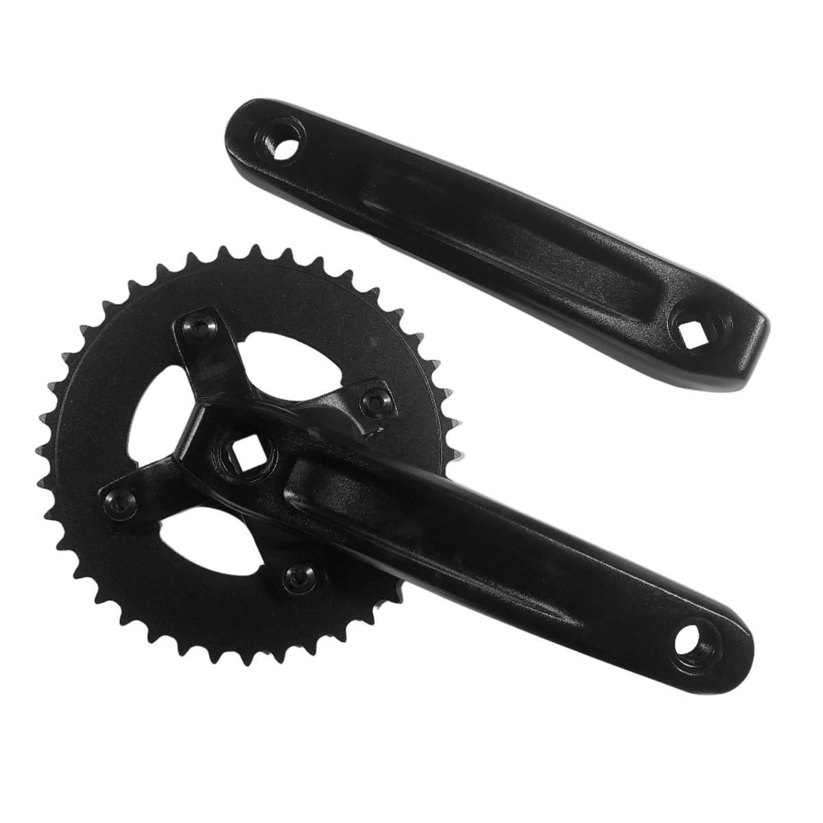 Black bicycle crankset on a light gray background