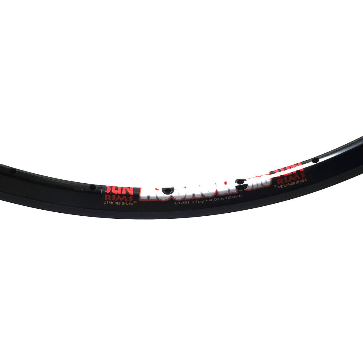 Black bicycle rim with red and white branding on a white background