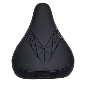 Black bicycle seat with geometric pattern on a white background