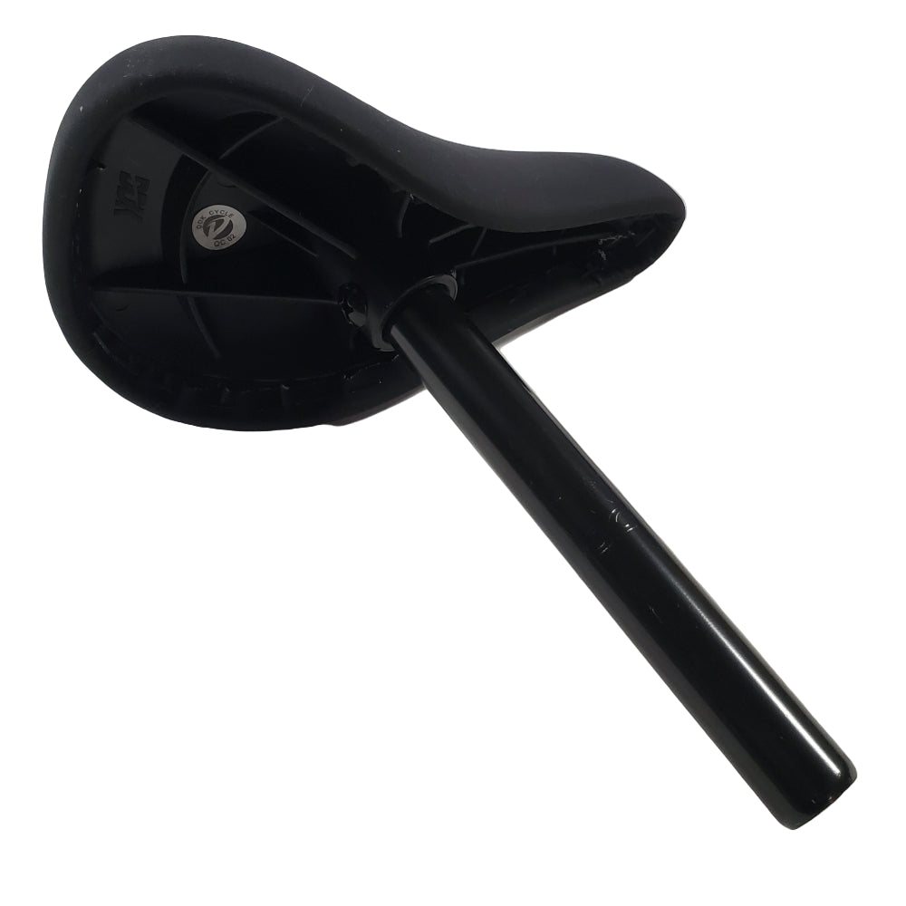 Black bicycle seat with a black seat post on a white background