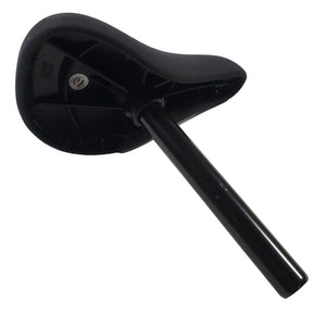 Black bicycle seat with a black seat post on a white background