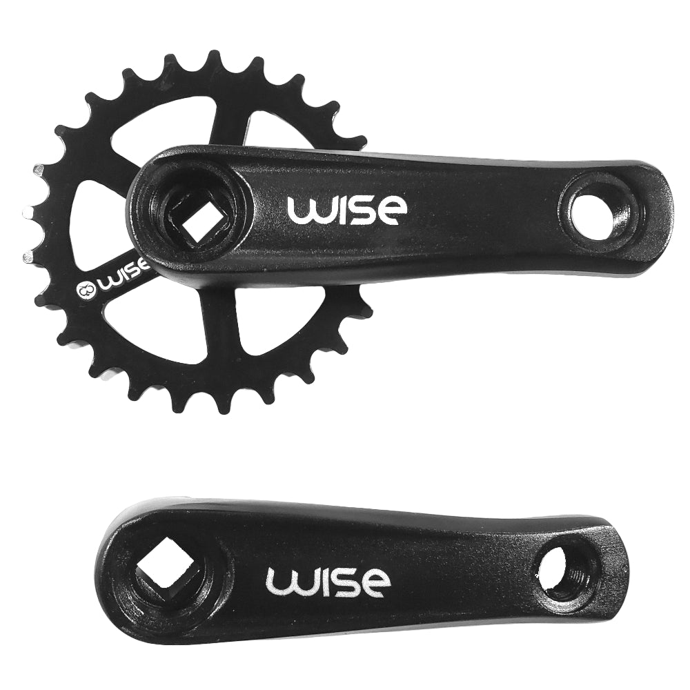 Black bicycle crankset with sprocket on a white background, featuring the Wise brand.