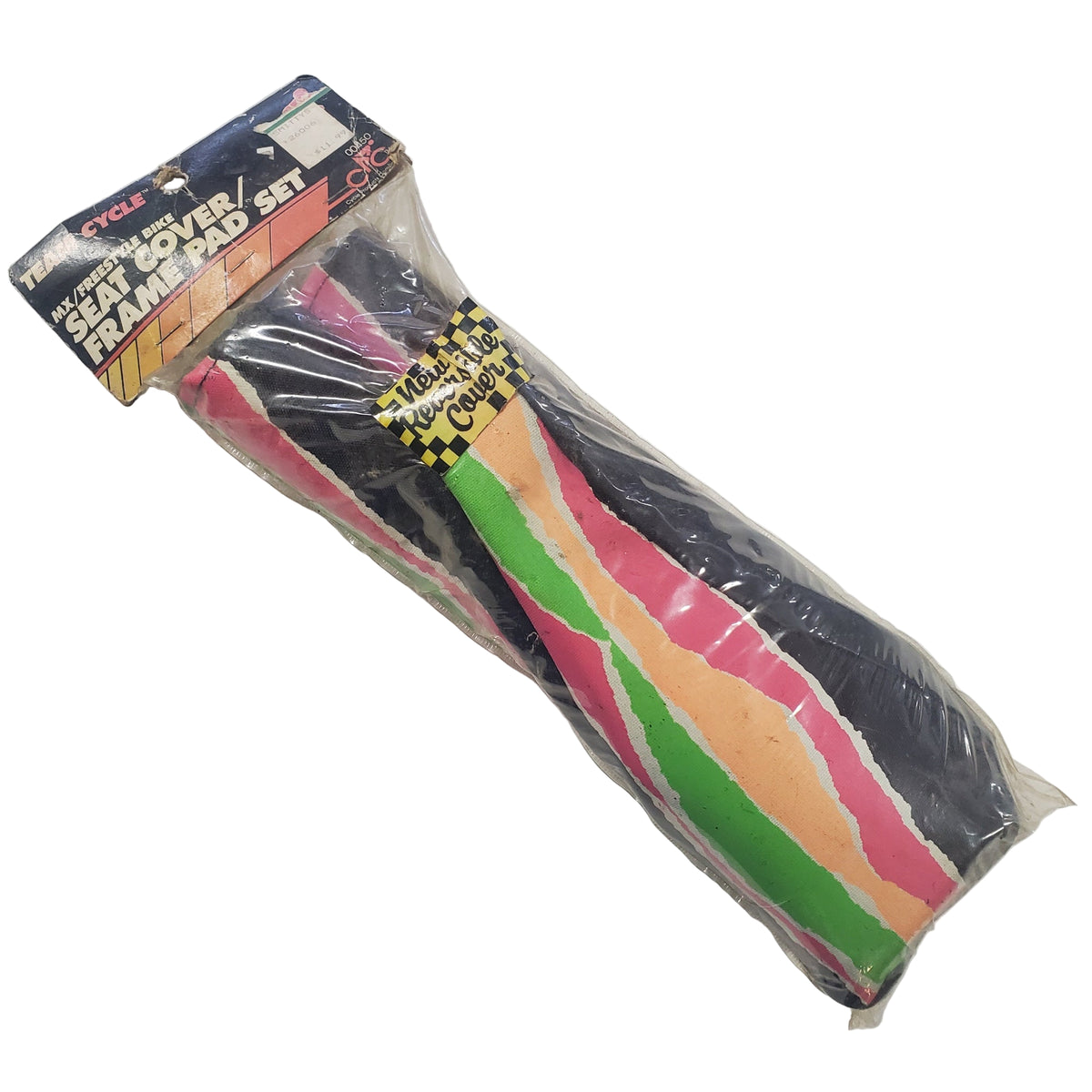 Packaged set of colorful car seat covers on a white background