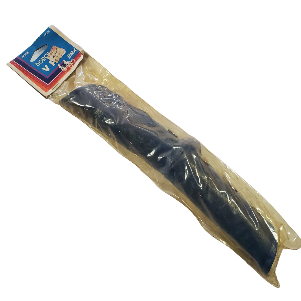 Black object in clear plastic packaging with a blue and red label on a white background
