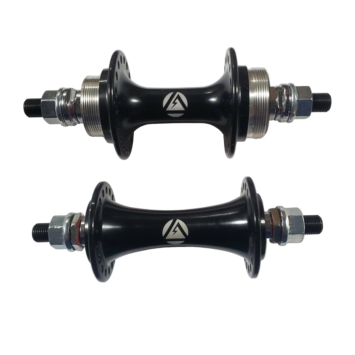 Two black bicycle hubs with silver axles on a white background