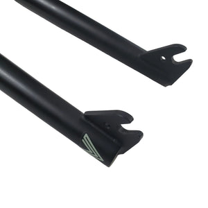 Black bicycle seat post with a brand logo on a white background