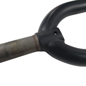 Close-up of a black metal handle on a white background