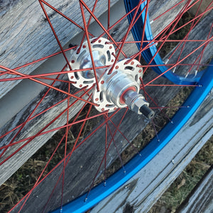 Close-up of a bicycle wheel with red spokes and blue rim on a wooden surface.