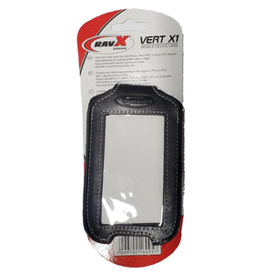 Black mobile device case with RAVX packaging on a white background